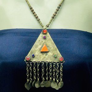 Vintage Kuchi Pendant Necklace: Metal, Wood & Beaded Tassel Jewelry